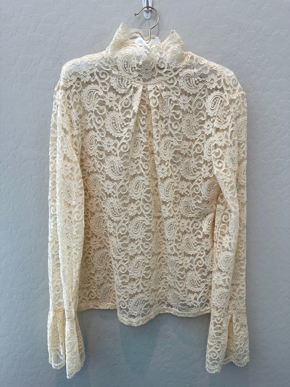 Cream Lace Mock Neck Bell Sleeve Sheer Blouse Top Fairy Boho Renaissance 2XL